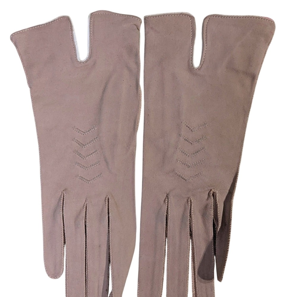 Youngs Bath Suede Fabric Gloves OS Mauve Pink Chevron Stitch Wrist Vent Vintage